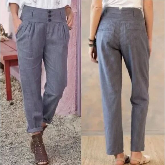Sundance P8 Blue Striped Linen Cotton Blend Pants High Rise Button Front - Picture 1 of 5
